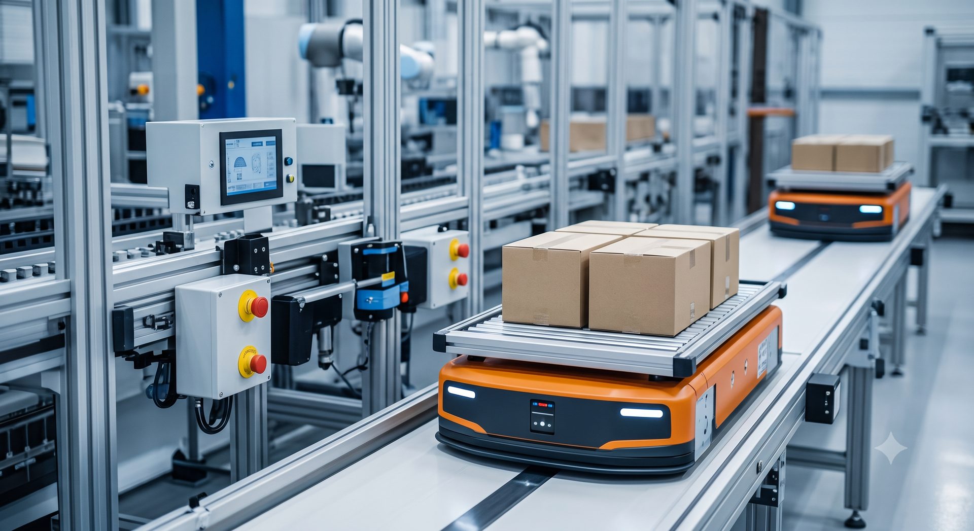 Autonomiczne roboty transportowe AGV na linii produkcyjnej