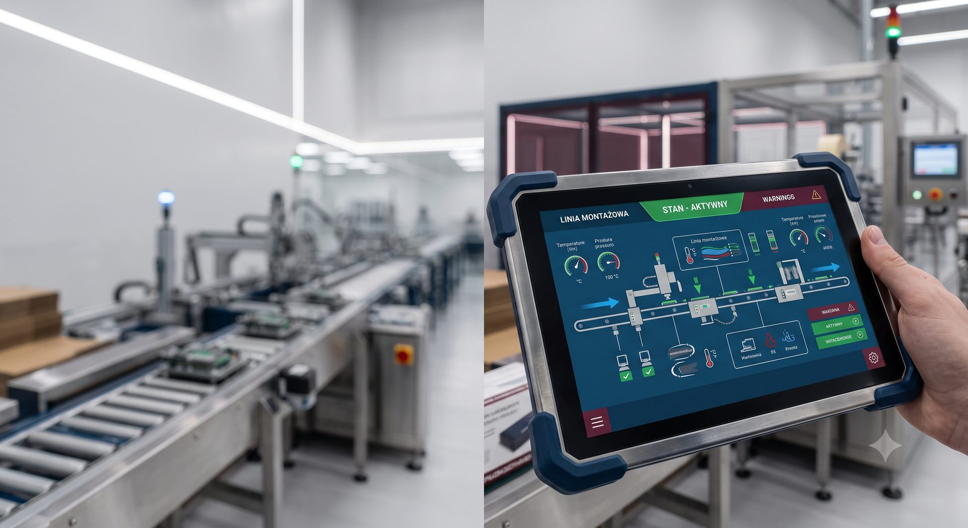 Panel HMI monitorujący stan linii montażowej w czasie rzeczywistym