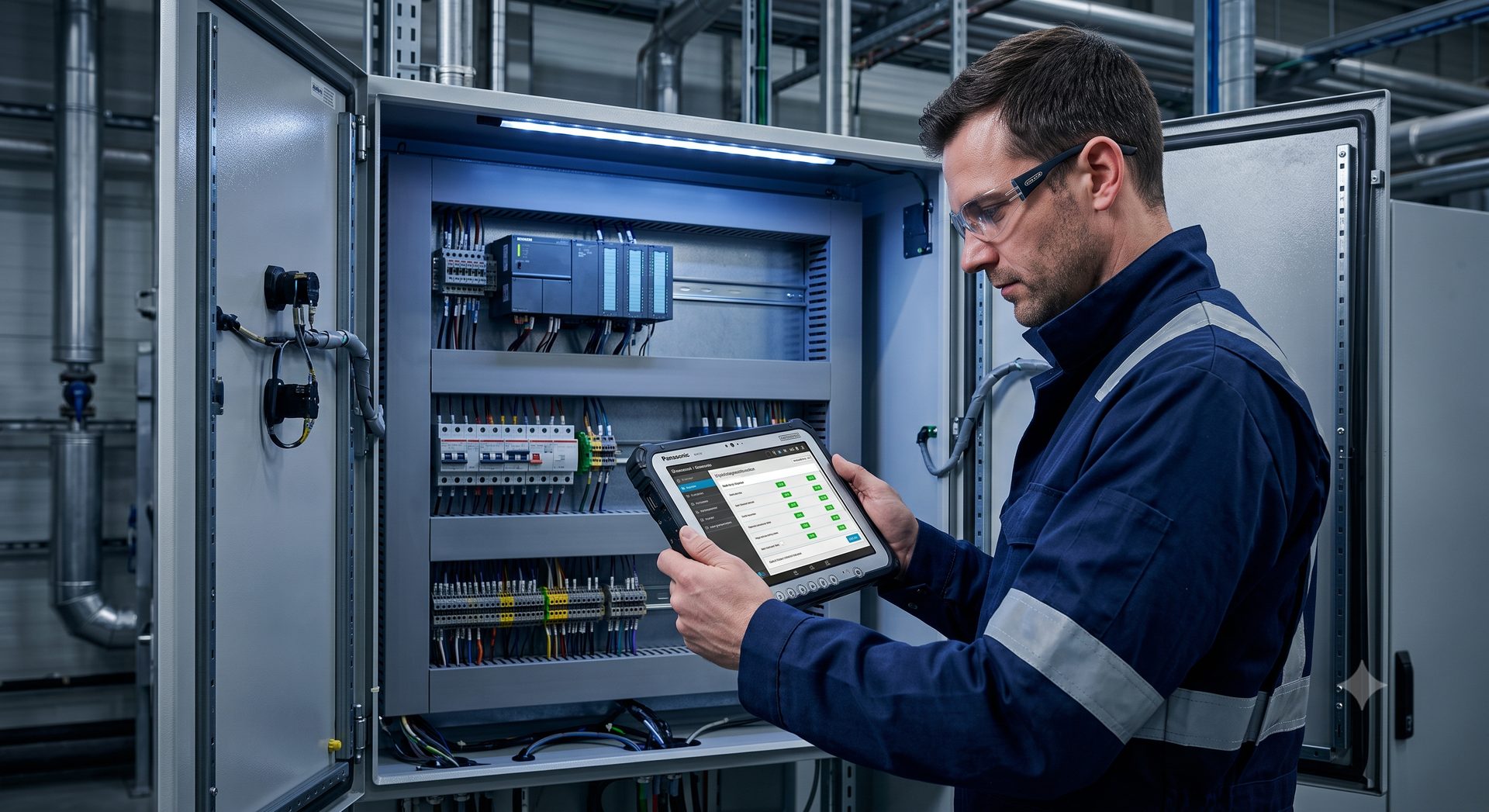 Technik UnBreakMach sprawdzający szafę sterowniczą z tabletem przemysłowym