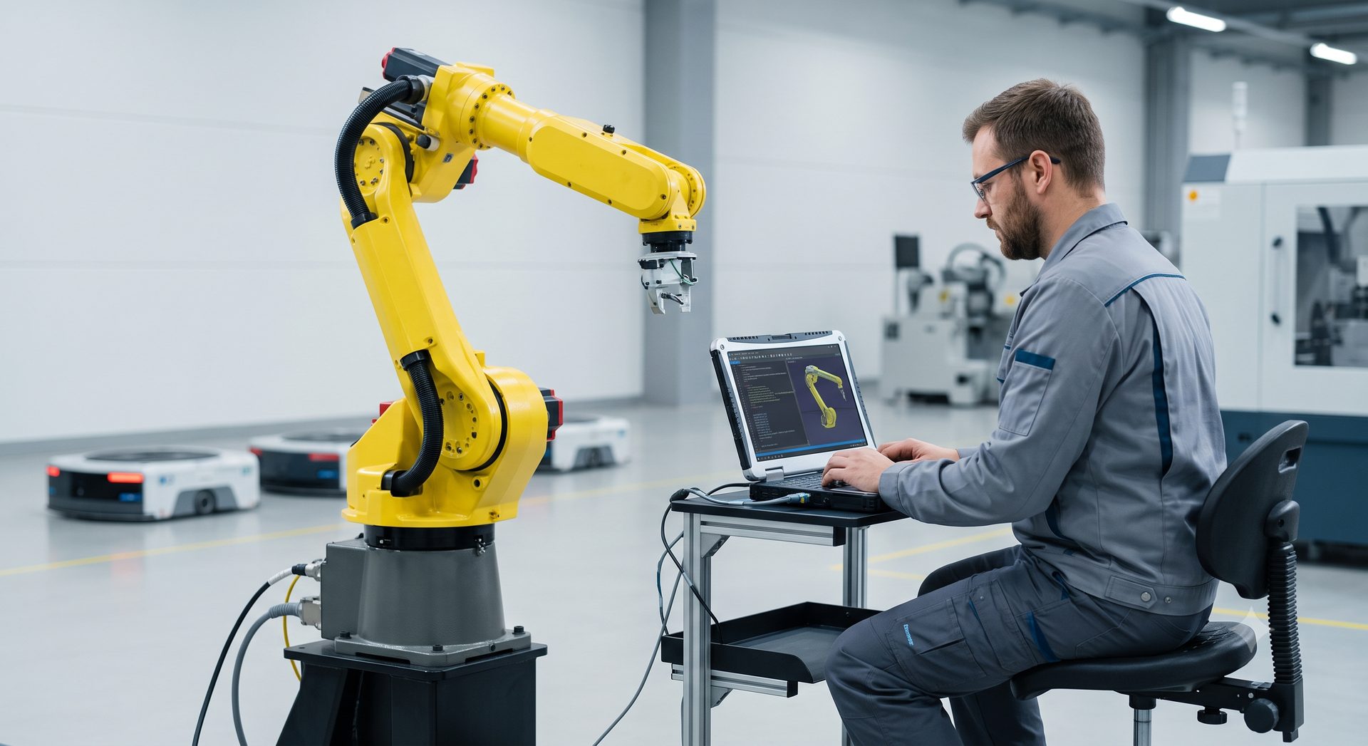 Inżynier programujący ramię robota przemysłowego przy stanowisku roboczym